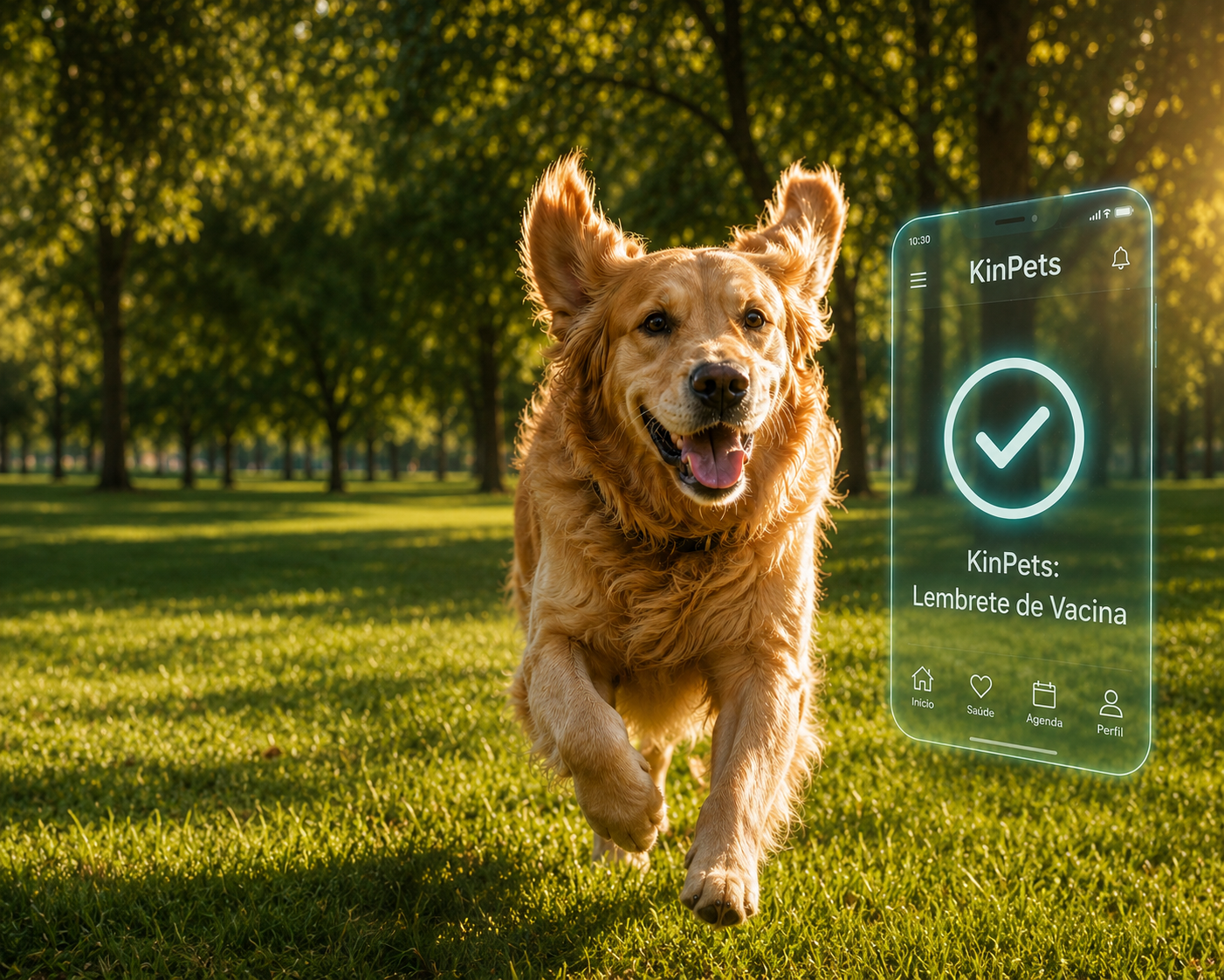 Golden retriever feliz correndo no parque com o app KinPets